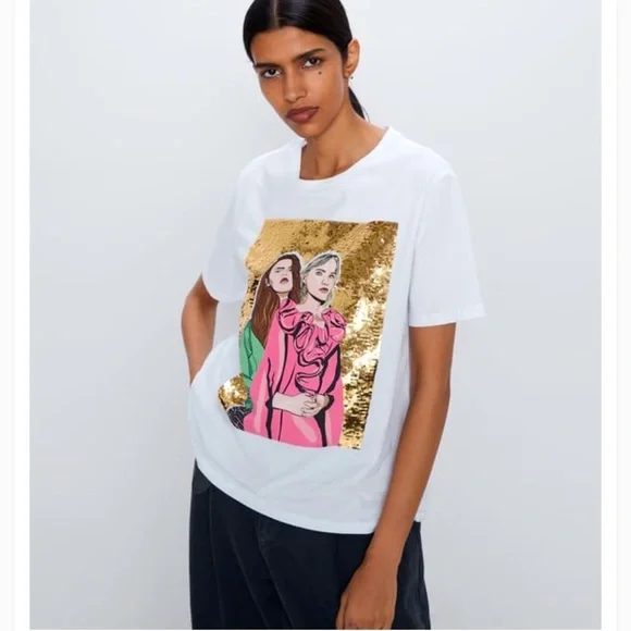 Zara Sequin Girls Printed T Shirt Size M
